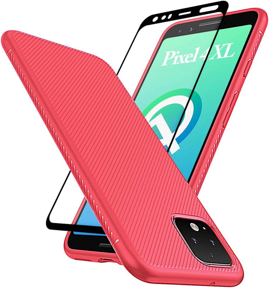 Huness Google Pixel 4 XL Case with Tempered Glass Screen Protector Scratch Resistant Anti Slip Grippy Soft TPU Case for Google Pixel 4 XL Phone (Red)