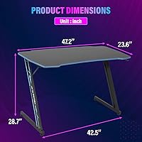 Vista 33 de PayLessHere Mesa de juego de 39 pulgadas Azul Escritorio para computadora en forma de Z con marco de acero, gancho para auriculares, pies