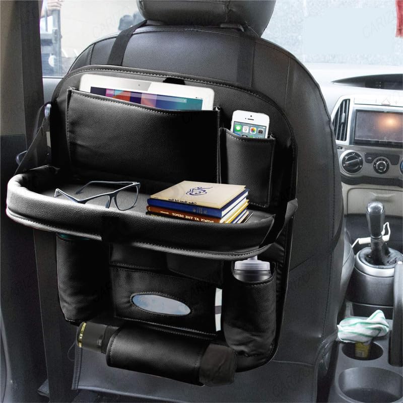 carizo® heavy leather car back seat organiser with foldable dining table tray waterproof storage pockets (black) compatible with toyota innova crysta old