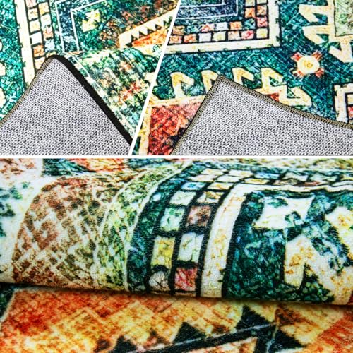 Vintage Area Rugs, Living Room Rug, Diamond Geometric Splicing Ethnic Green Rugs Non-Slip Short Pile Rugs Soft Washable Chic Traditional Rug For Kitchen Bedroom Kidsroom Decor Carpet 140 x 200 cm - Image 4