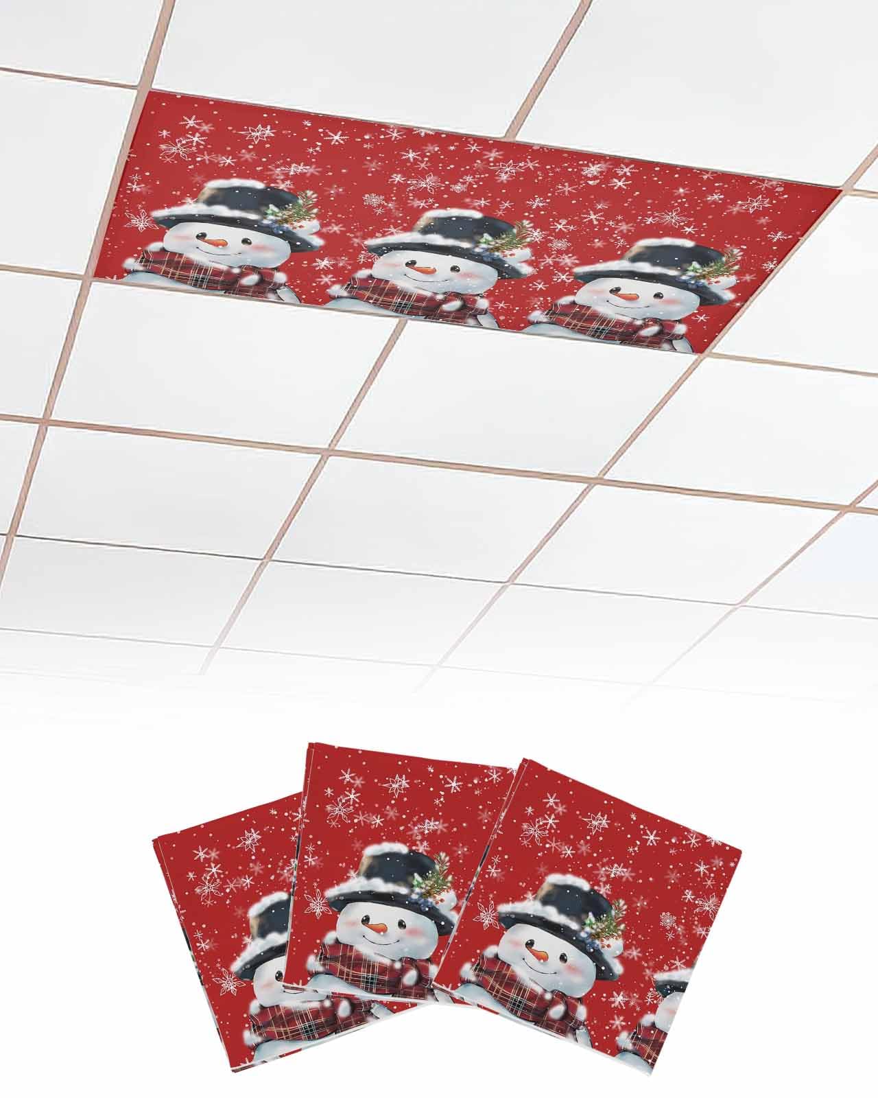 EwdeWwo Christmas 3 Pcs Fluorescent Light Covers for Ceiling Lights, Xmas Snowman with Scarf Snowflake Magnetic Light Filters for Eliminate Harsh Glare Classroom Office Decoration, 4 x 2 Ft