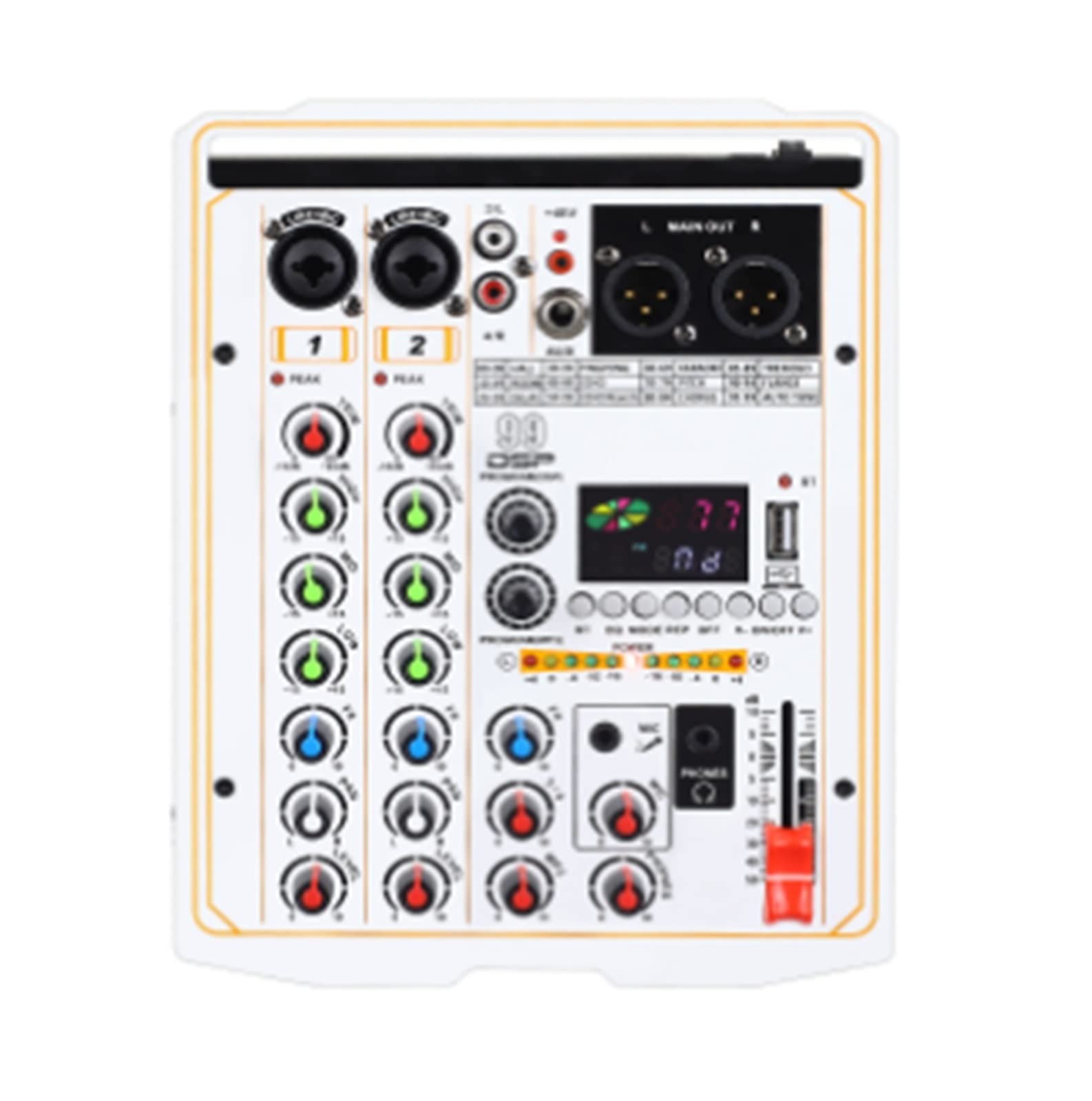 Mezclador de audio para DJ 99 DSP Effect Mixer 4 canales Portable 48V Phantom Power Monitor DJ Mixing Console for estudio profesional(Bianco)