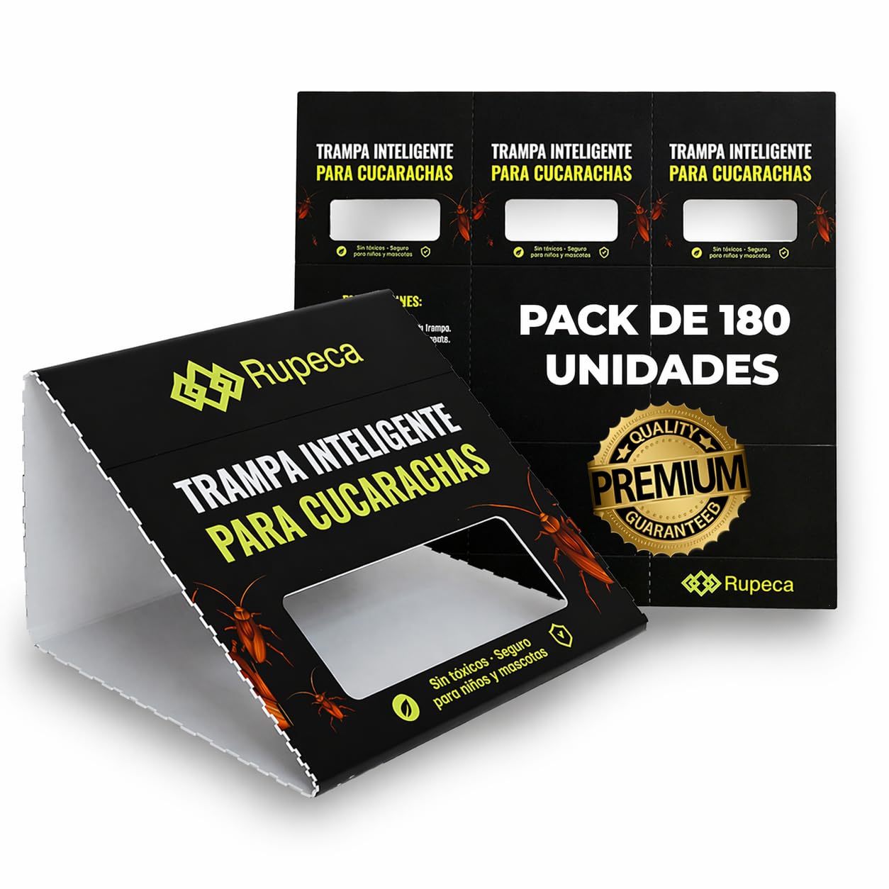 Pack 180 Trampas Adhesivas para Cucarachas Sin Tóxicos – Control de Plagas Seguro + Eficaz en el Hogar – Trampa Anti Cucarachas Interior Discreta + Duradera + Profesional | RUPECA
