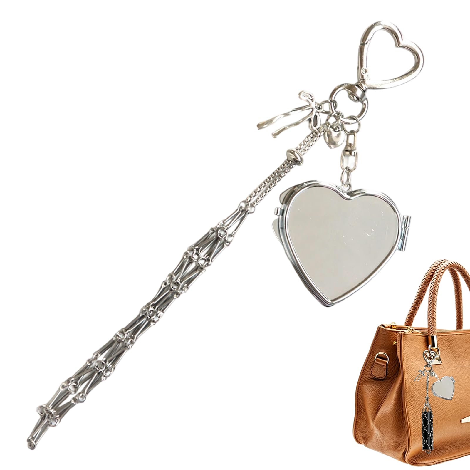 Portable Silver Iipstick Holder Keychain, Metal Metal Net Lipstick Bag Charms，Include Heart-Shaped Makeup Mirror Y2k Accessories, Daily Use and Travel Lip Balm Organizer for Women-image-46