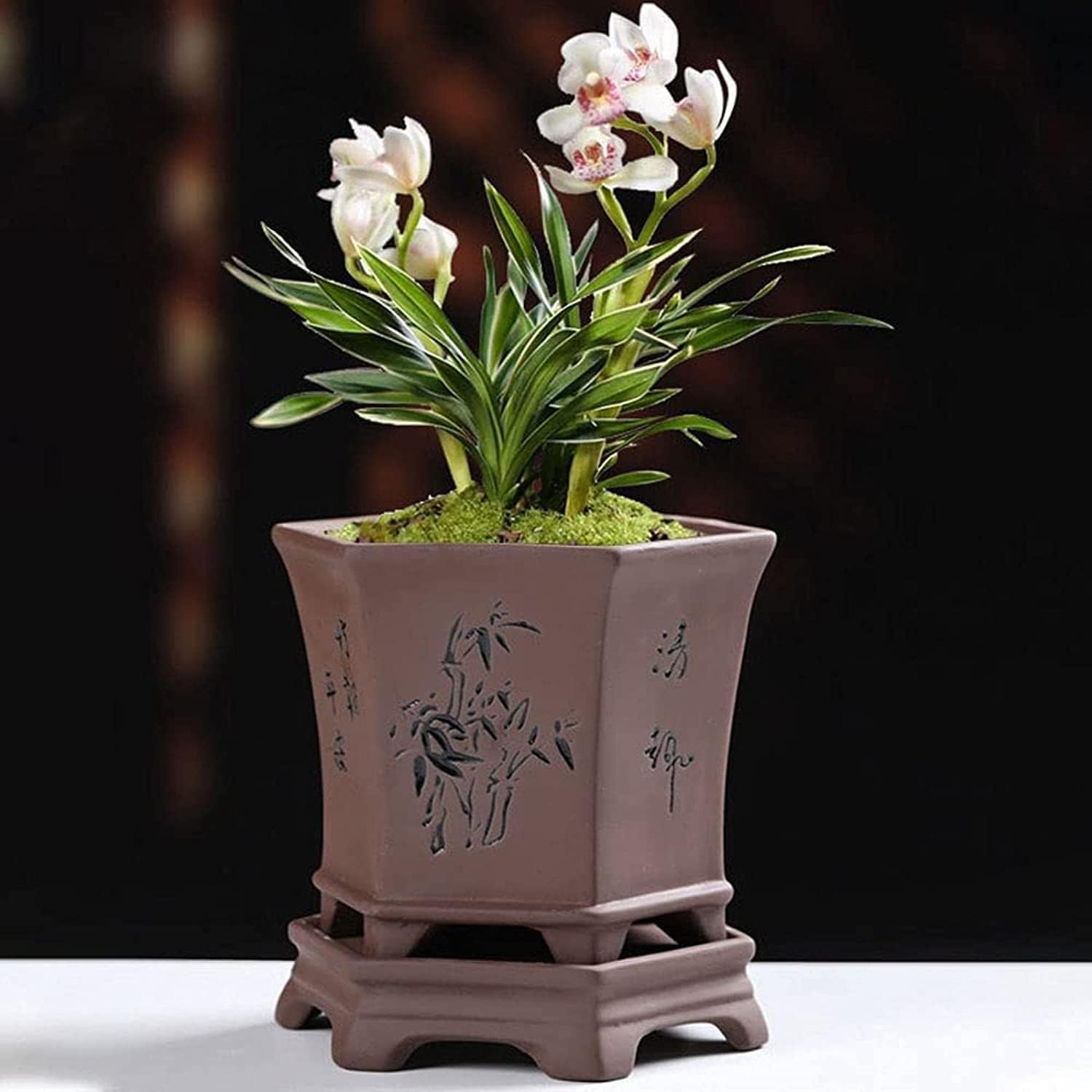 Traditional Chinese Purple Clay Hexagonal Plant Pot, Engraved Ceramic Flower Pot W/Drainage, Orchid Bonsai Succulent Planter, Decorative Indoor Outdoor Home Office Gift