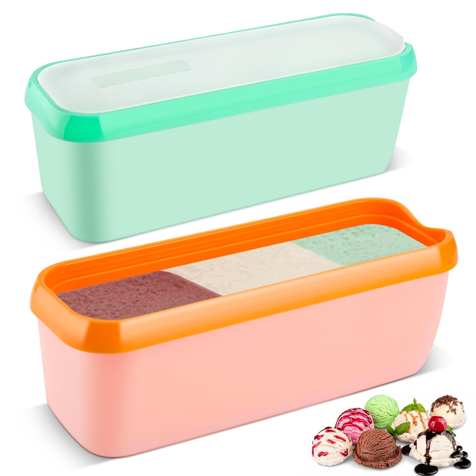 Nymblis Rectangular Ice Cream Tubs, 1.5L Ice Cream Container with Lid, Reusable Freezer Food Storage Containers for Homemade Gelato, Sorbet, Frozen Yoghurt(2 Pack, Orange & Mint Green)