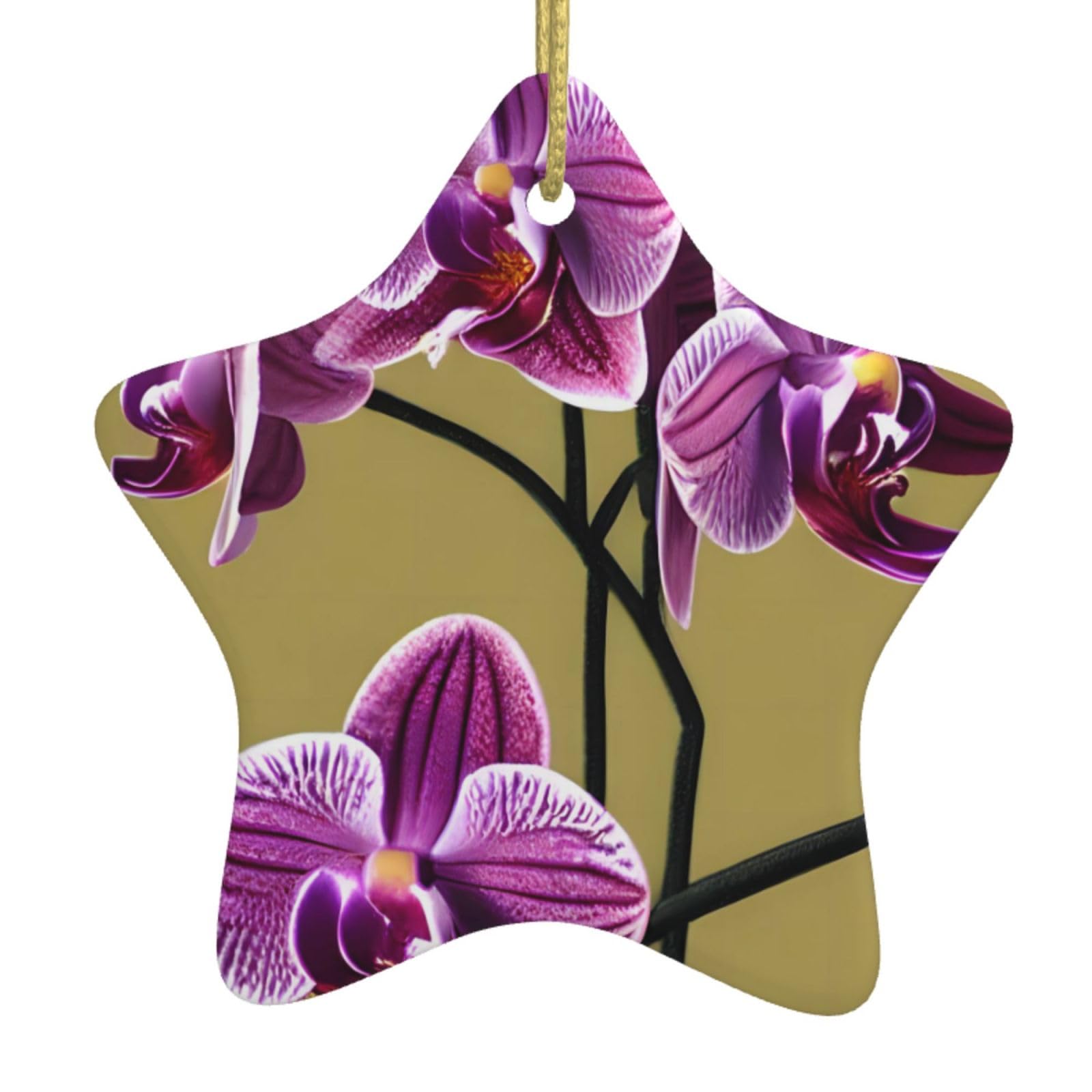 Beautiful Orchids Christmas Ceramic Star Pendant with Punched Holes and Gold Wire Rope, Christmas Tree Home Decoration