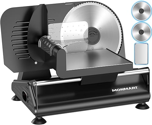 Rebanadora de carne de 200 W con dos cuchillas de 7.5 pulgadas y una bandeja de acero inoxidable para uso doméstico, cortador eléctrico de alimentos