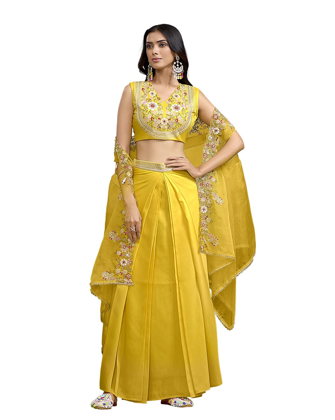 Yellow Silk Blend Thread Embroidered With Sequence Ethnic Co-Ord Set With Shrug-image-48