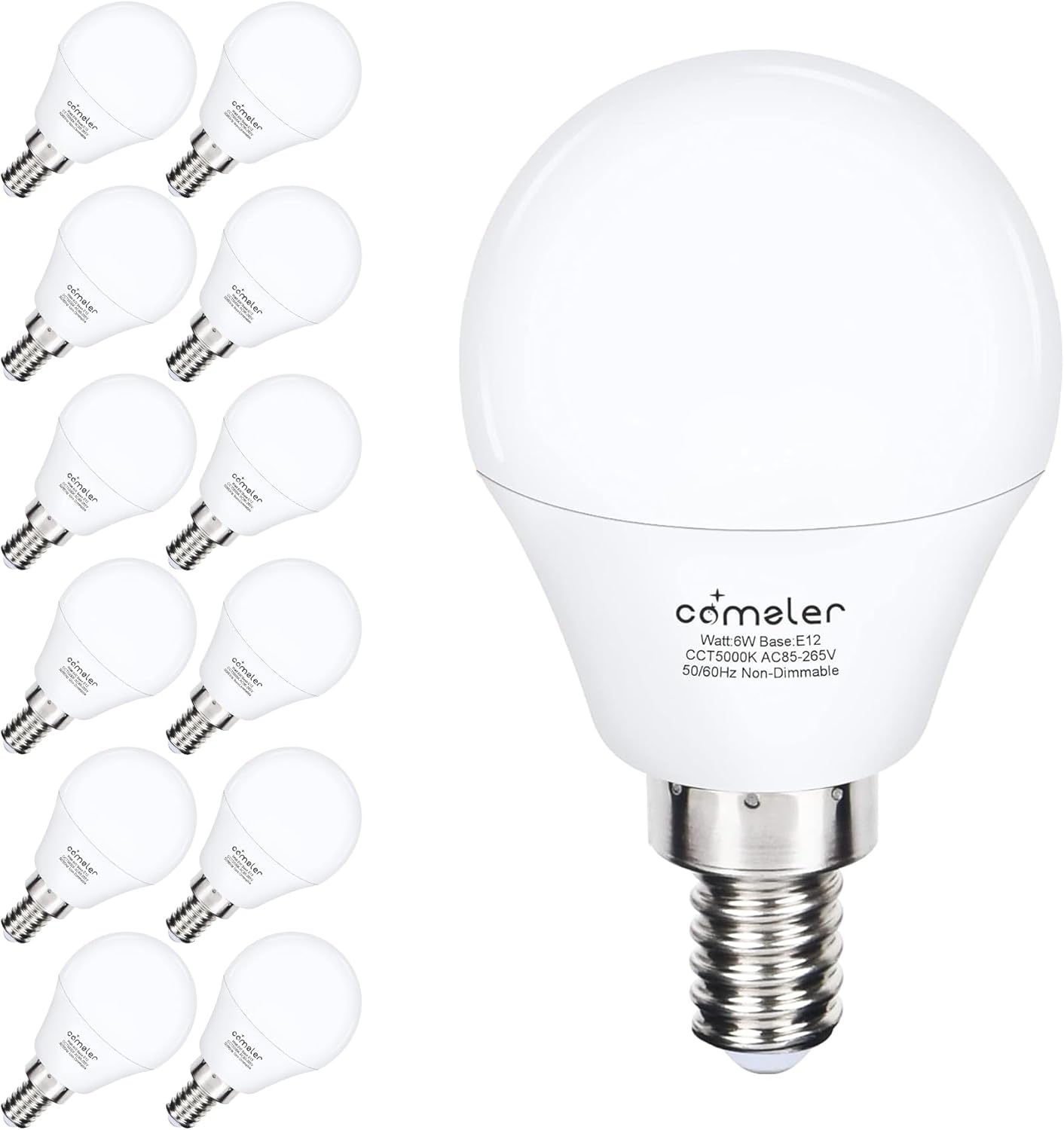 comzler 12 Pack E12 LED Candelabra Light Bulb, 5000K Daylight Ceiling Fan Light Bulbs, 6 Watt 60W Equivalent, CRI 85+, 600Lumen, E12 Small Base Bulbs A15 Shape Round, No-Dimmable