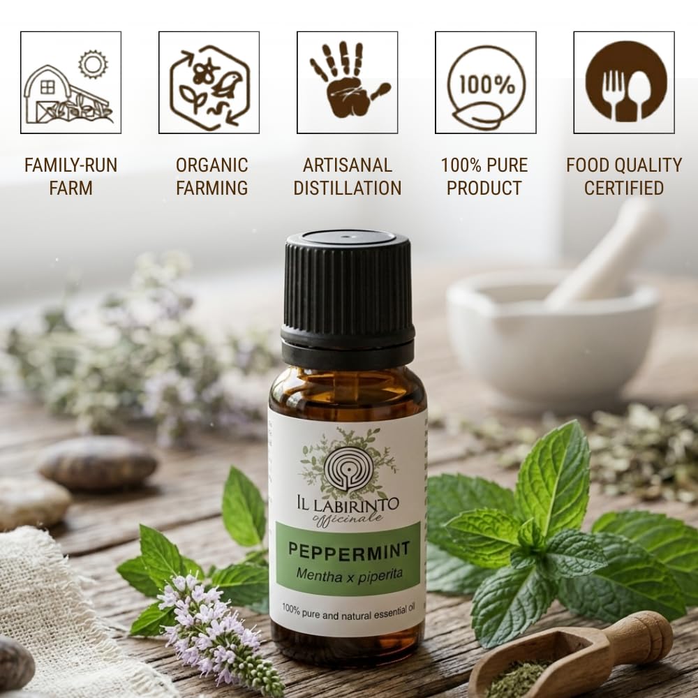 Olio Essenziale Menta Piperita puro alimentare Italiana Il Labirinto Officinale - Oli Essenziali Naturali - Olio essenziale per Diffusori e Umidificatori, Aromaterapia - 10ml