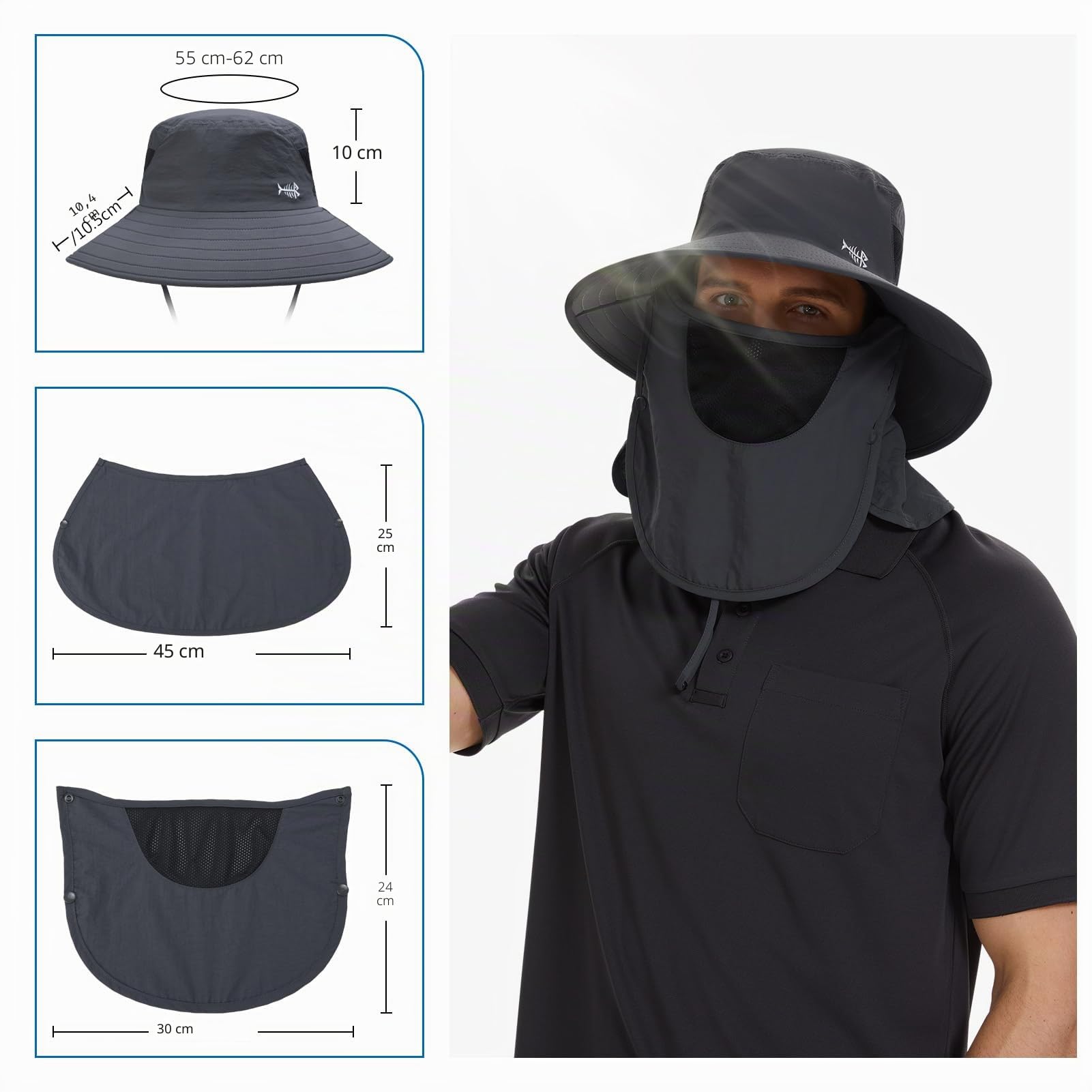 Bassdash Chapeau de Soleil Respirant UPF 50+ avec Couvre-Visage Amovible et Rabat de Cou Chapeau Unisexe à Large Bord résistant à l'eau pour la pêche la randonnée l'extérieur Les Hommes et Les Femmes
