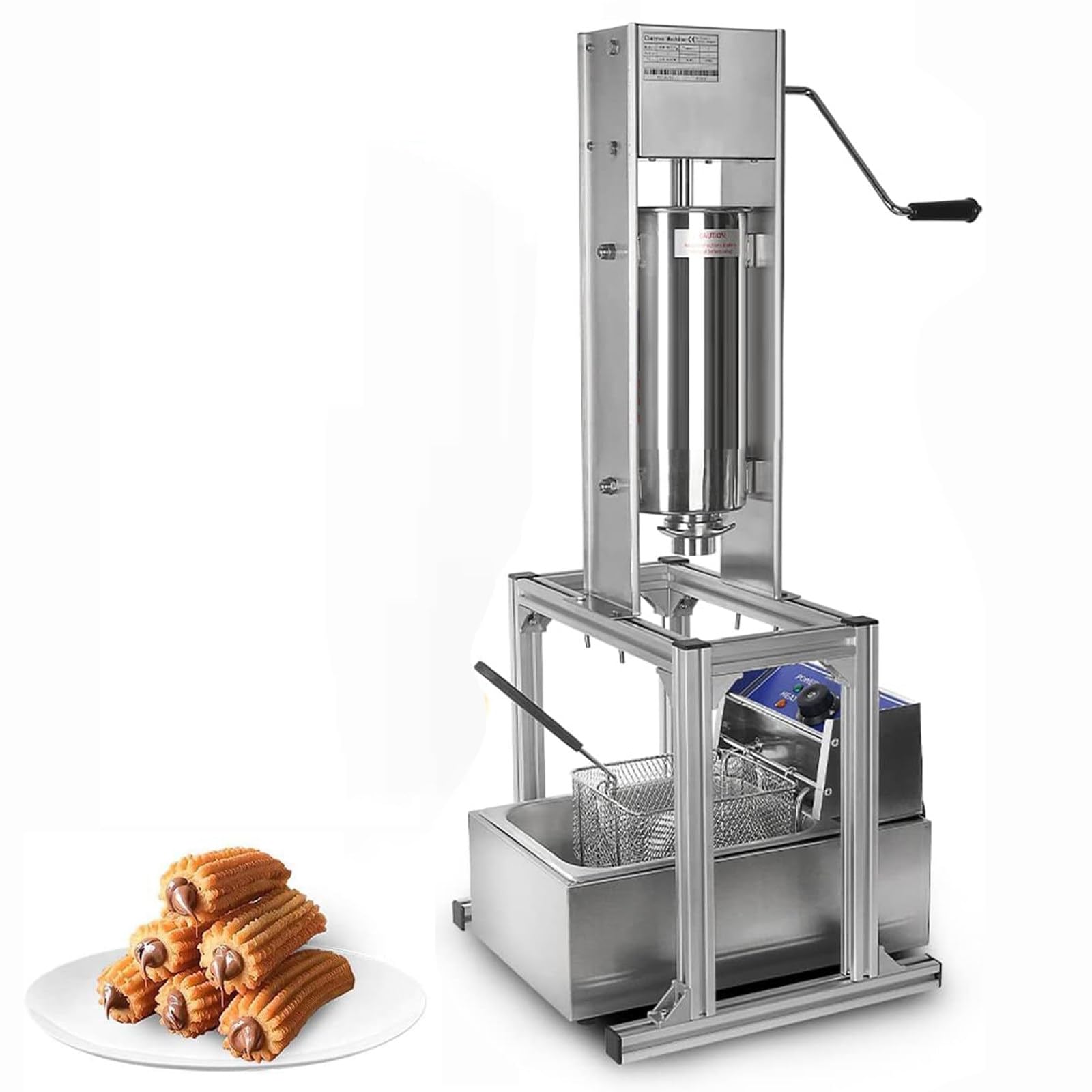 Machine à churros professionnelle en acier inoxydable de 5 L, machine verticale à churros et beignets espagnols avec friteuse électrique de 6 L et support pour usage domestique ou professionnel.