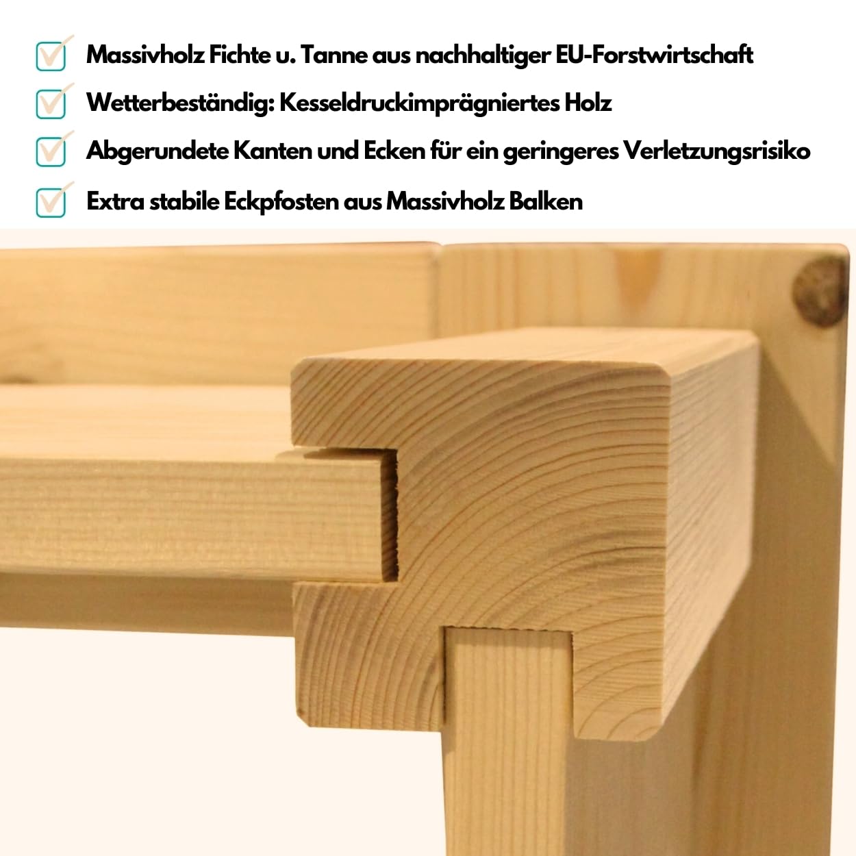 Clamaro 'Beach' Holz Sandkasten 190 x 190 cm extra stabil aus Fichte Massivholz Bohlen (28mm stark, imprägniert), Sitzumrandung mit abgerundeten Kanten, verzinkte Schrauben - 100% Made in Germany