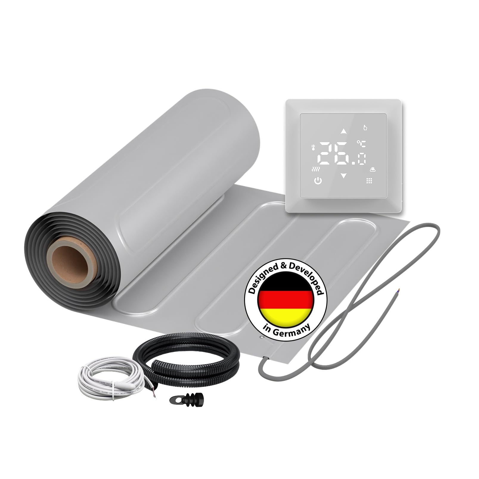 Riscaldamento a pavimento elettrico: tappetino riscaldante a due ruote con foglio di alluminio Warmon alluminio 150 W/m² con termostato serie TS 100, termostato: TS100 non WiFi bianco, dimensioni