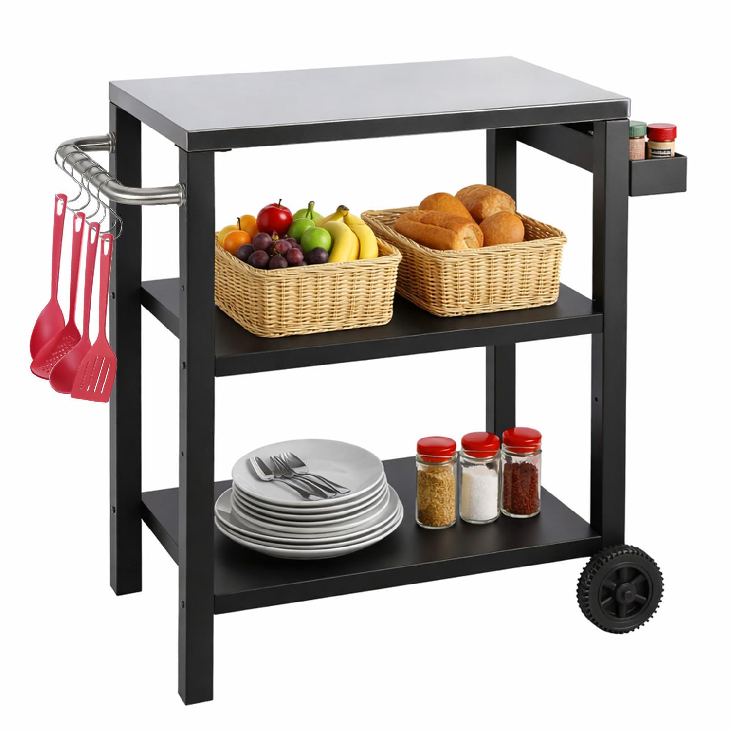 Carro de barbacoa regulable en altura, mesa de barbacoa con 3 estantes, 6 ganchos, asa y estante para especias, carrito de cocina al aire libre con ruedas, mesa de acero inoxidable para jardín