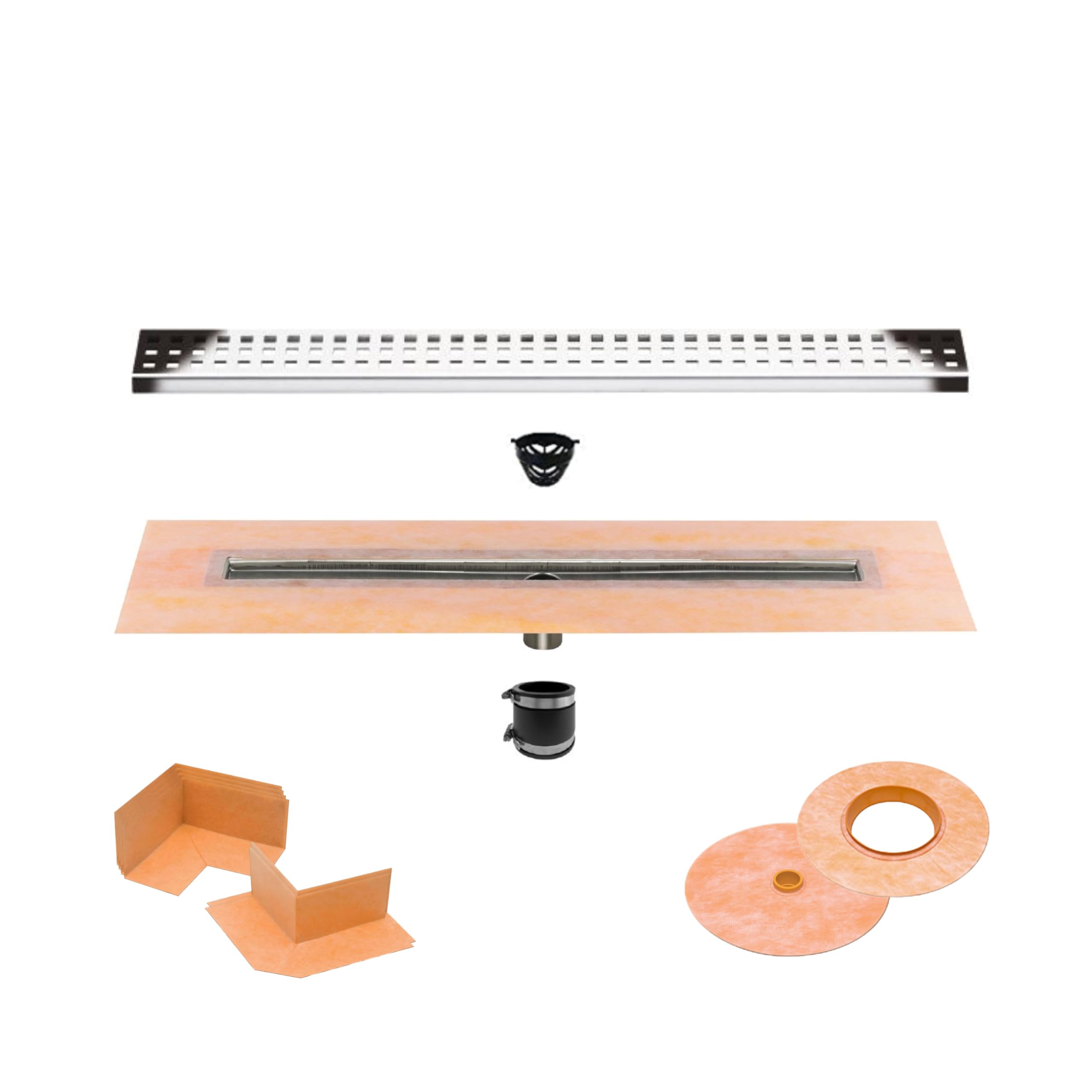 All-in-one Waterproof Linear Shower Drain Kit with 36 Inch Center Outlet Channel Body (KL1V60E90) and Drain Grate Assembly (Cover) in Square Design