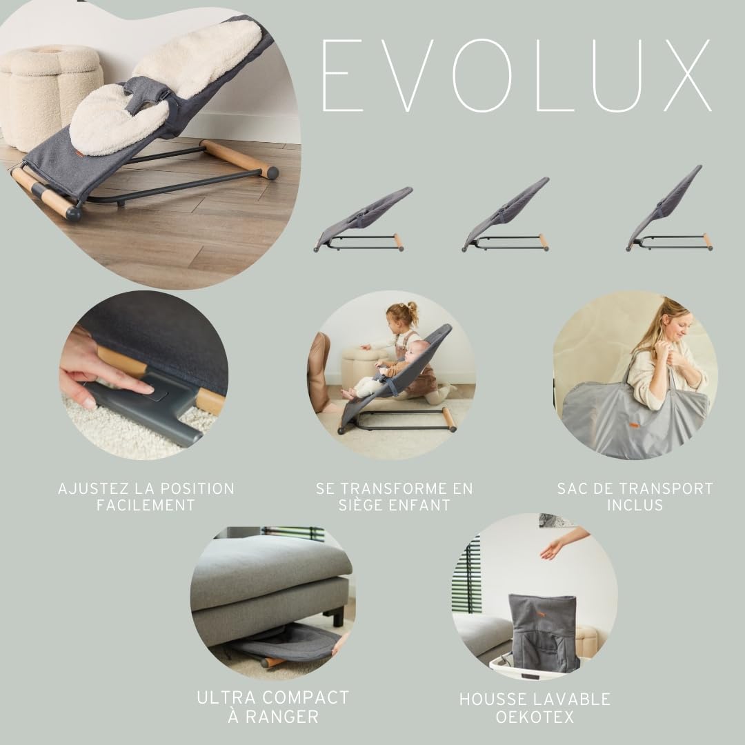 CHILDHOME, Transat Bébé Enfant Pliable, 3 inclinaisons 1 Bouton, Oekotex, Ultra Compact, Fin, Epaisseur 5cm, Confortable, Harnais 3 Points, 0 à 15kg, Unisexe, Housse Transport, Evolux, Anthracite