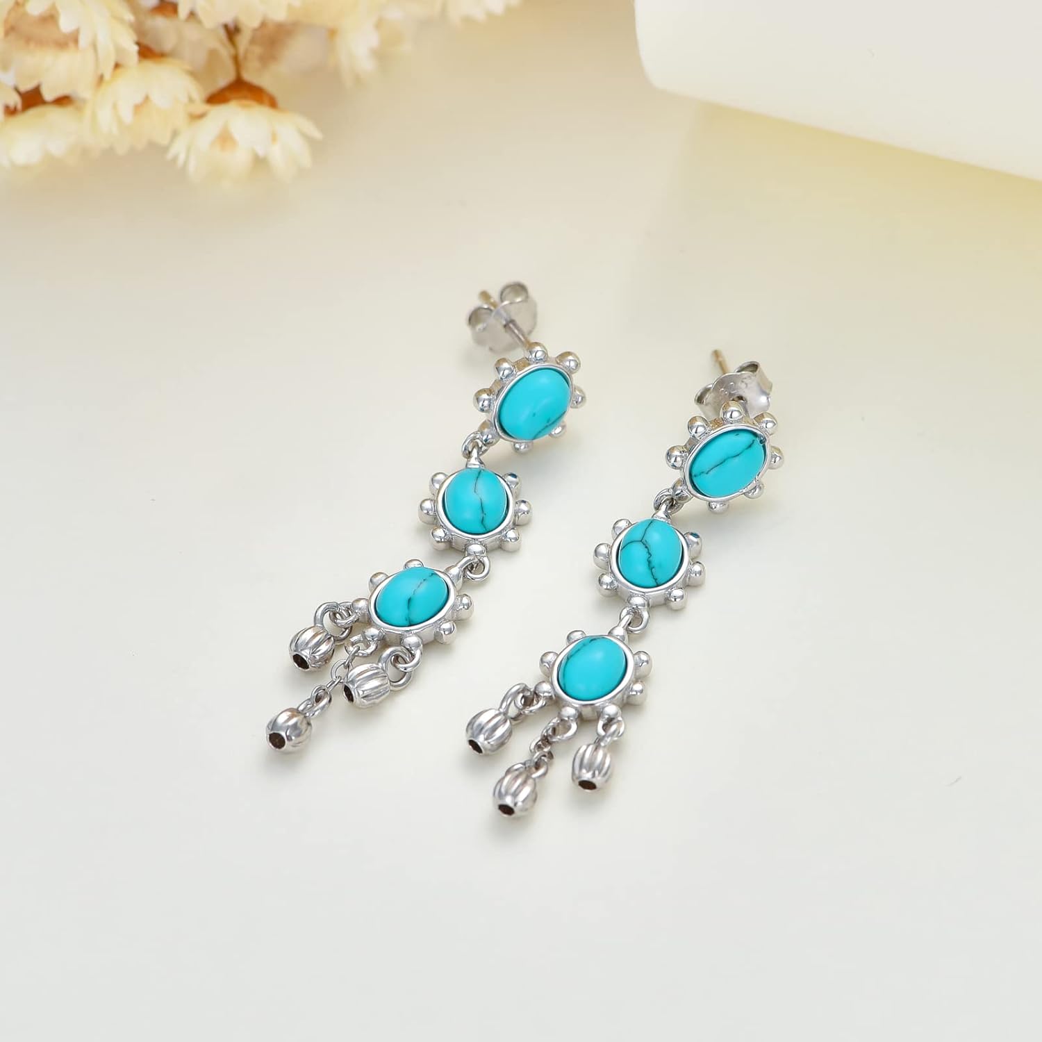 SISGEM Blue Turquoise Earrings with Feathers in Sterling Silver for Women,S925 Turquoise Gemstone Dangle Earrings Drop Piercing Jewelry Gifts for Birthday Christmas