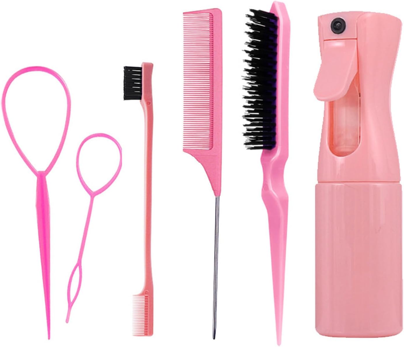 STAYOUNG 6 PCS Slick Brush Set – Plastic Teasing Brush Set with Topsy Tail Tool Teasing Bristle Rat Comb Hair Styling Flyaways Control Edge Combing spray bottles, for hairfor Hairdresser Women (Pink)