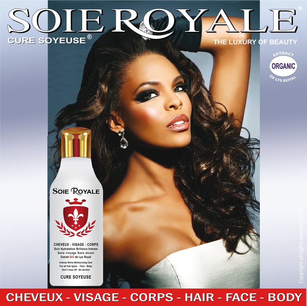 Soie Royale BIO Cure Soyeuse 300 ml Extrait Naturel BIO Fleurs de Lys Royal Protéines de Soie Vitamines EF Sans Alcool Soin Cheveux Visage Corps Nourrit Hydrate Démêle Lisse avec une Brillance Intense
