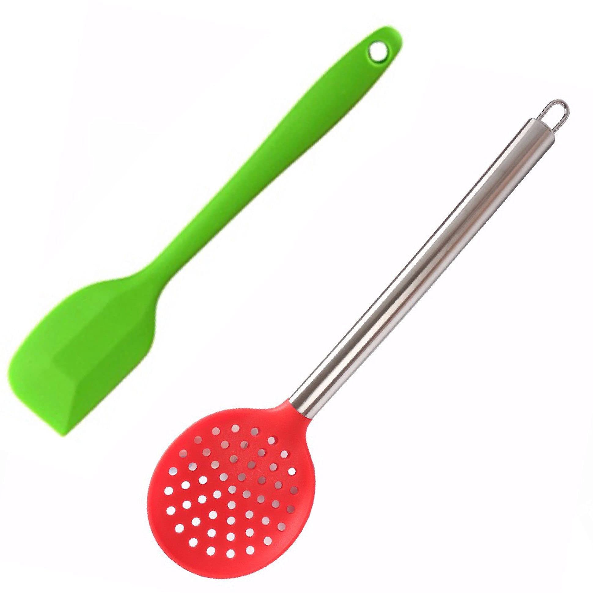 RozatechCombo of Full Silicone Spatula and Skimmer Ladle Strainer with Steel Handle(Random Color)