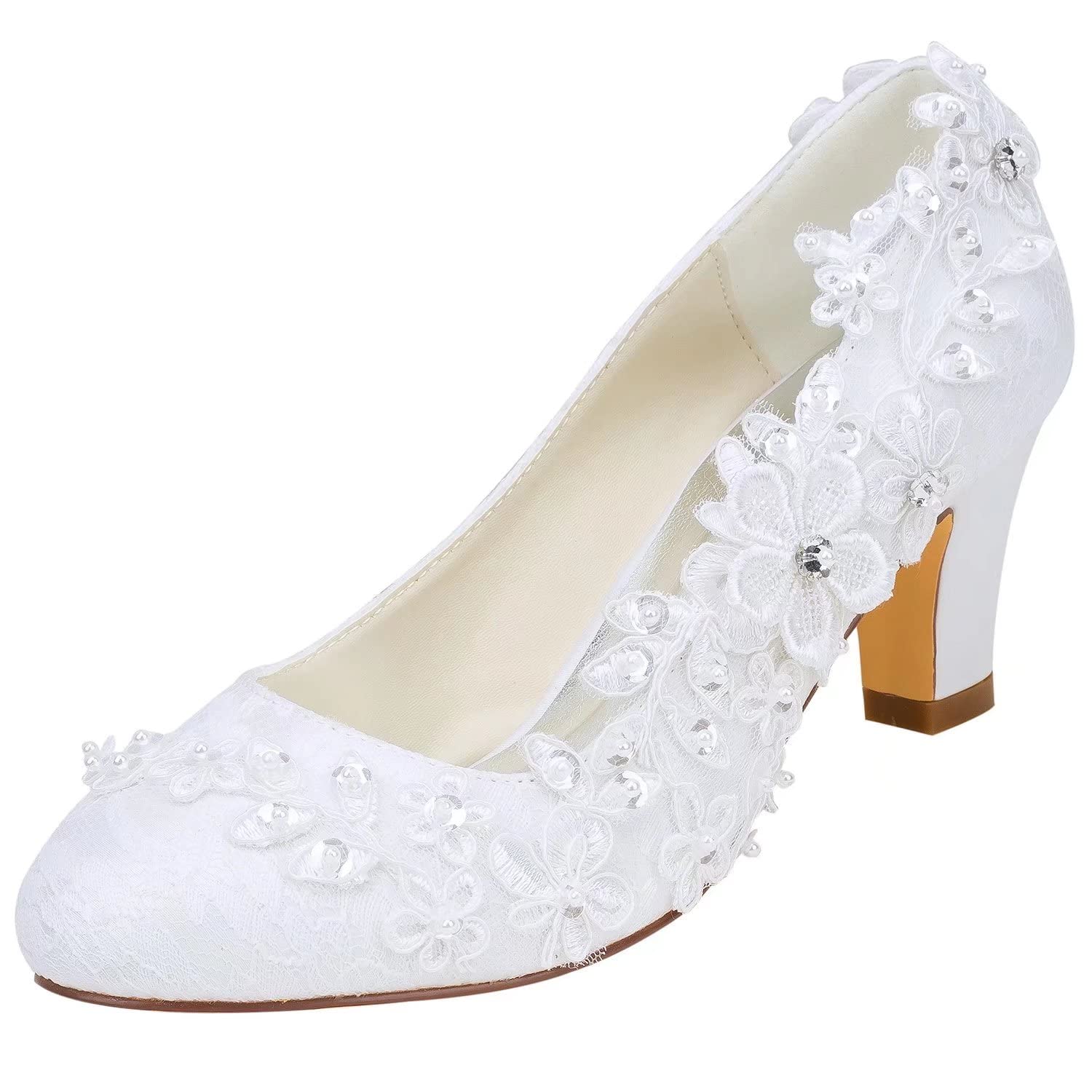 Emily BridalWedding Shoes Women's Silk Like Satin Chunky Heel Pumps with Stitching Lace Flower Crystal Pearl