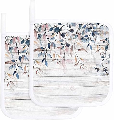 2 Packs Farmhouse Wood Leaves Pot Holders Sets for Kitchen,Oven Pan Plate Bowl Pads Heat Proof Mat with Hanging Loop,Thick Terry Cloth Potholders