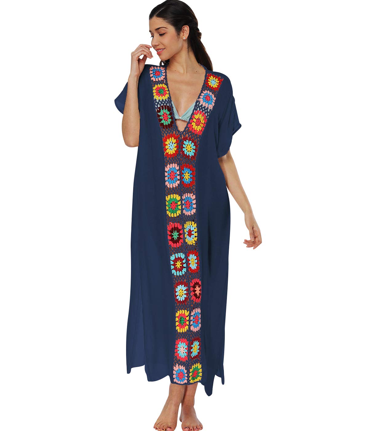 Pengniao Vestidos de Playa Largos Cuello en V Vestidos Pareos Playeros Boho Vestido Playa Mujer Kaftan Camisolas Caftanes Tunica Playa Piscina Ropa de Baño Playero Bikini Cover Up Tunicas Playera Camisola