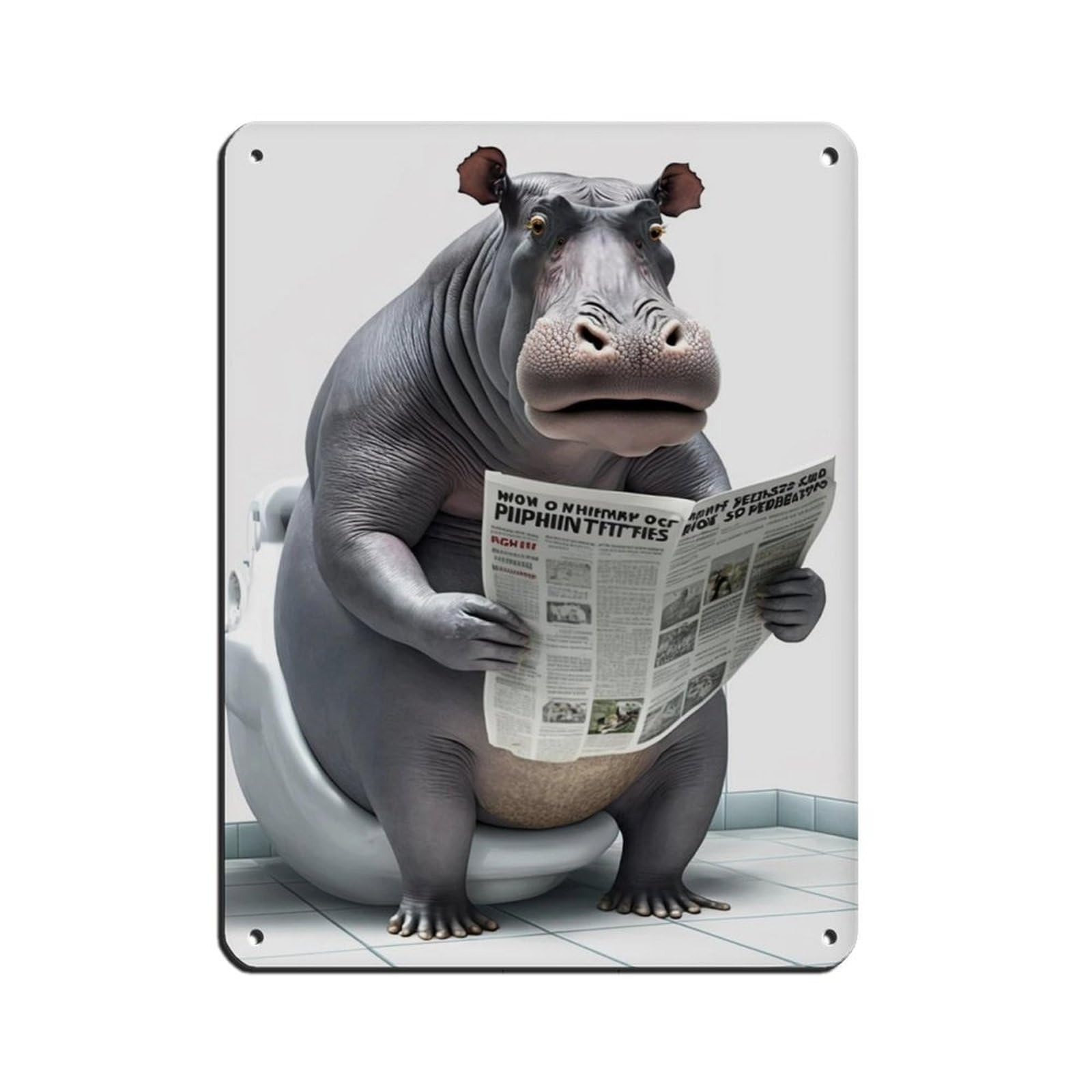 Lxwnze 30L X 40W Cm Hippo Sitting On The Toilet Reading A Newspaper Tin Sign Vintage Metal Pub Club Cafe Bar Home Wall Art Decoration Poster Retro 12X16inch(30X40cm)