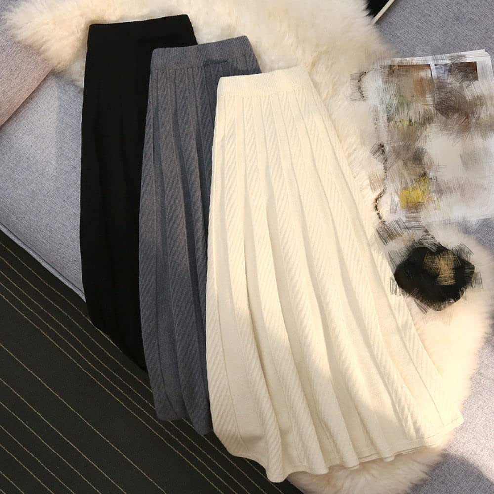 OZEO Röcke Für Damen,Damen-Midirock, Beige, Elastisch, Hohe Taille, Jacquard-Strick, Faltenrock, Einfarbig, A-Linie, Gerafft, Elegant, Herbst-Winter, Lange Röcke Für Mädchen, Damen,L