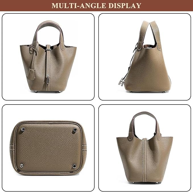 Genuine leather handbag for women with lock design,Versatile bucket bag with inner bag,Basket shoulder bag4