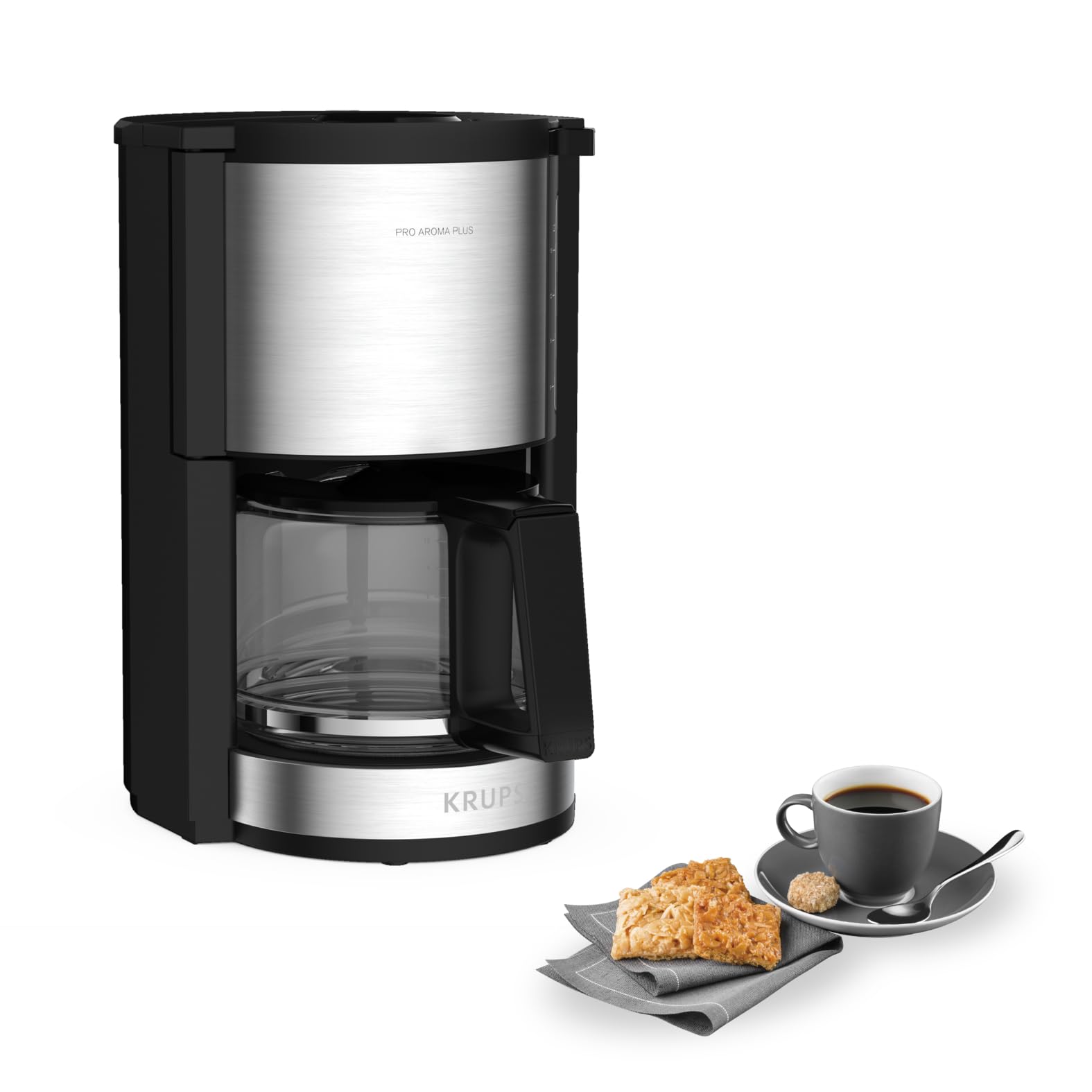 Krups KM3210 Pro Aroma Plus Filterkaffeemaschine, 10 Tassen, 1,25 L, 30-Minuten-Warmhaltefunktion, sichtbares Wasserstands Fenster, Tropfstopp-System, Schwarz mit Edelstahlapplikationen