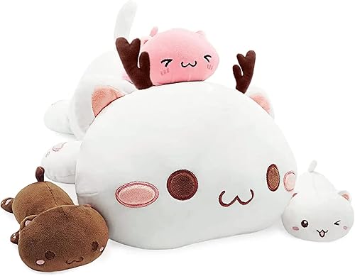 Onsoyours Peluche de gato de reno navideño de 19.7 pulgadas con 3 peluches de gatito, 4 piezas de lindos juguetes de almohada de felpa para niños y