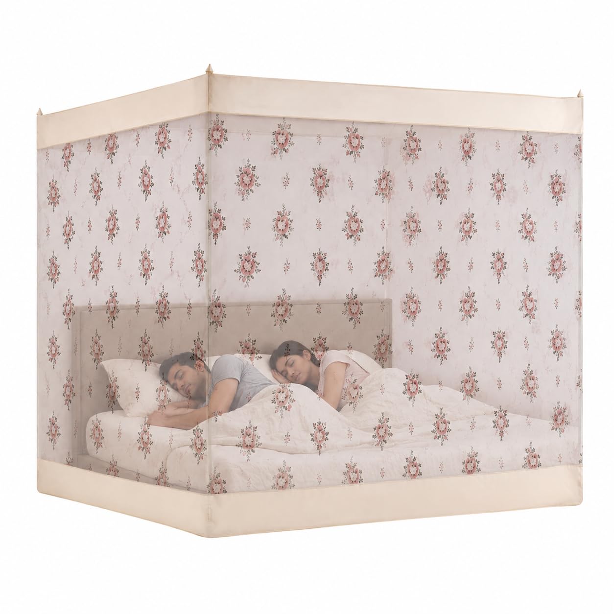 ANS Floral Mosquito Net for Bed with Cotton Border | 6.5 x 6.5 Ft Double Bed Size | Breathable Fine Mesh Hanging Mosquito Net for Family & Kids (Cream Floral)