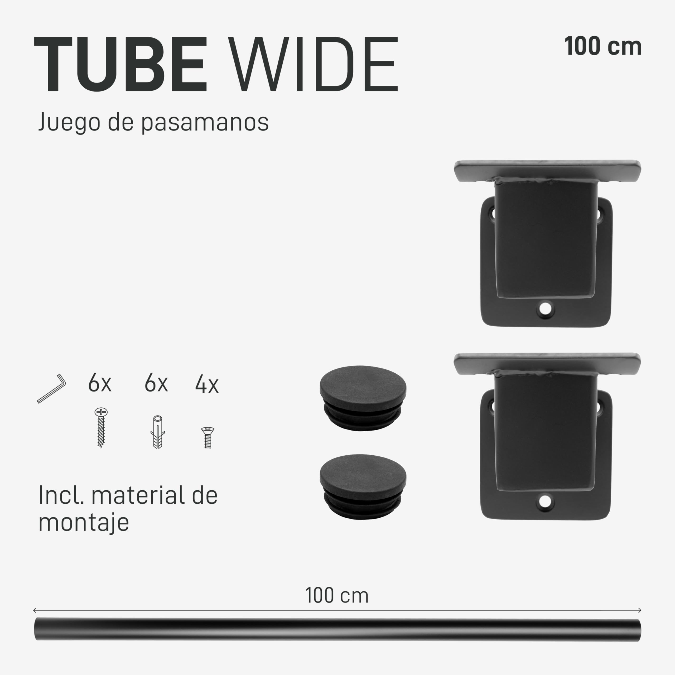 Natural Goods Berlin Juego de pasamanos Tube, pasamanos para escaleras, color negro, 100 cm y 2 soportes anchos, barandilla para escaleras exteriores, pasamanos con recubrimiento de polvo, barra de