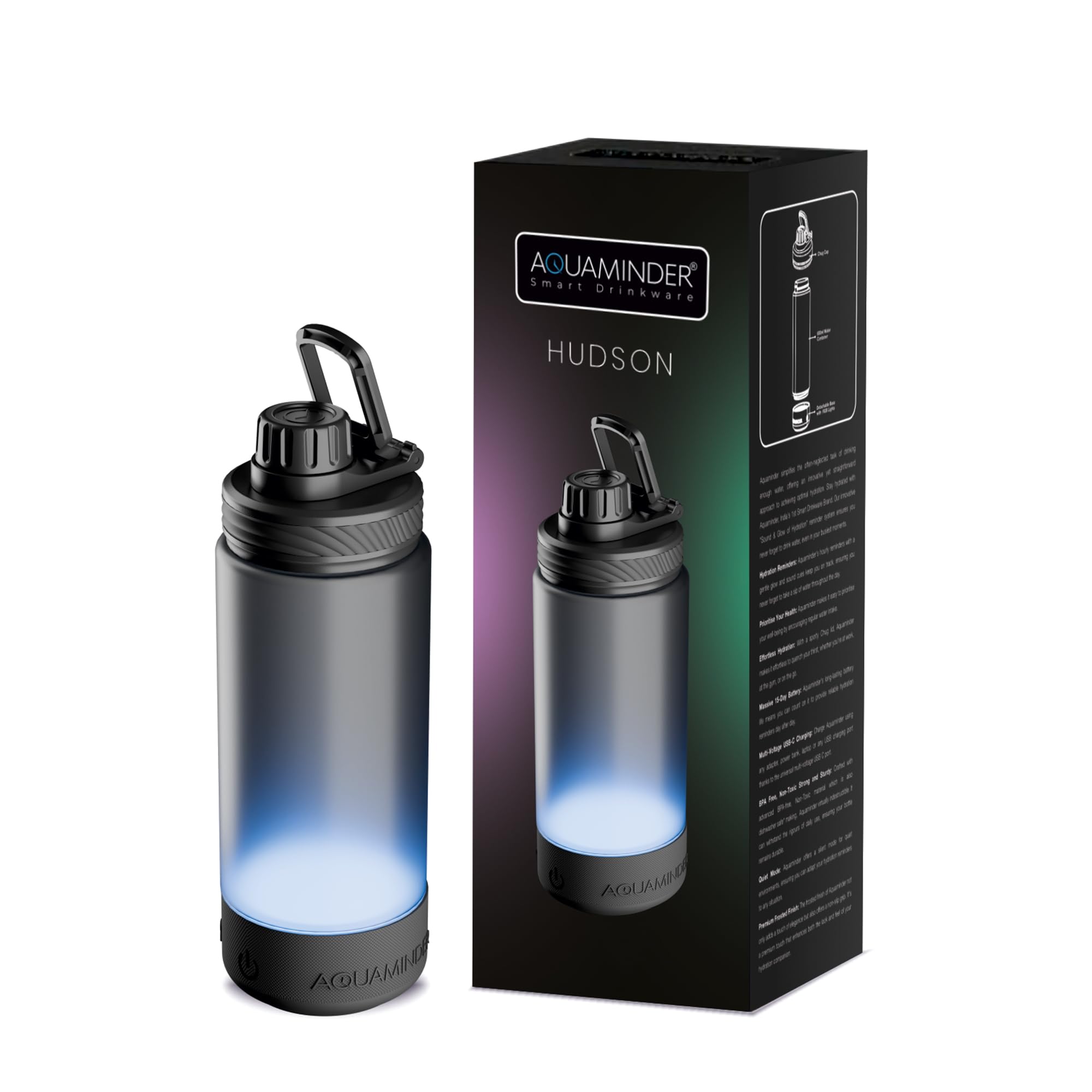 Aquaminder Smart Water Bottle Glows & Beeps to Remind You to Drink More 600 ml Chug Cap Bottle For Adults and Kids Perfect For Gift, Travel, Gym, Yoga, Hudson-picture-24