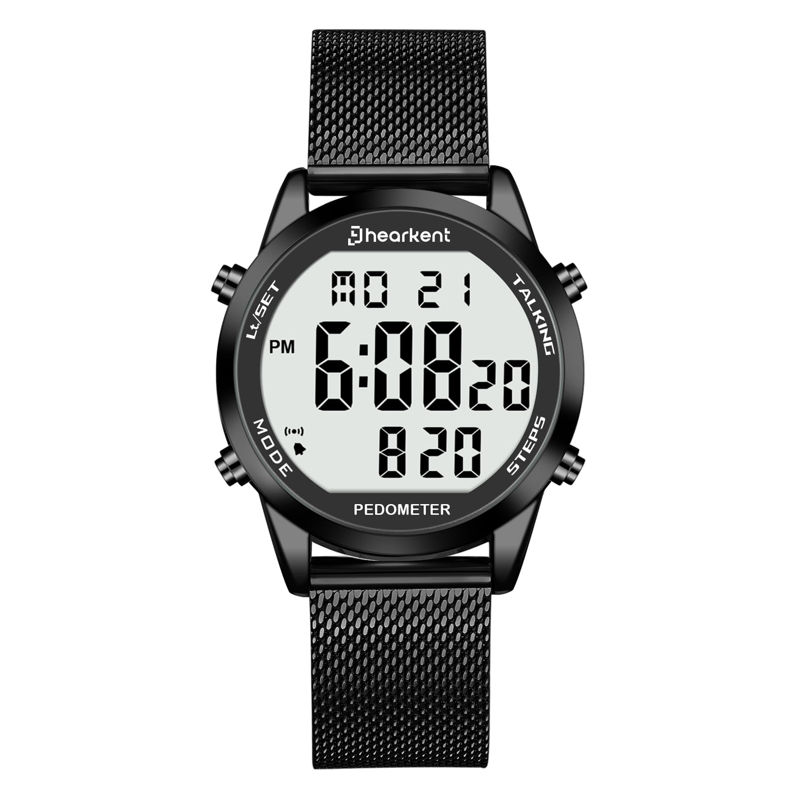 Hearkent Montre parlante numérique avec podomètre, heure/date/pas/calories en anglais, 5 alarmes, rétroéclairage EL, grand nombre, pas de Bluetooth pour personnes âgées/aveugles