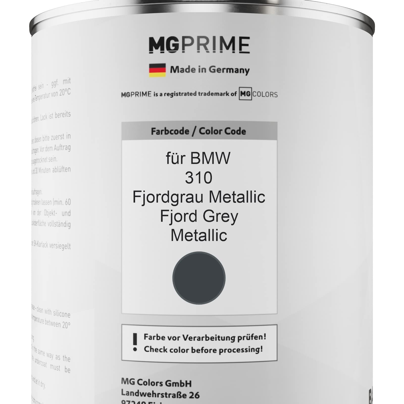 MG PRIME Peinture voiture kit de pot pour BMW 310 Fjordgrau Metallic/Fjord Grey Metallic couche de base vernis 2C durcisseur prêt à pulvériser 2,5l