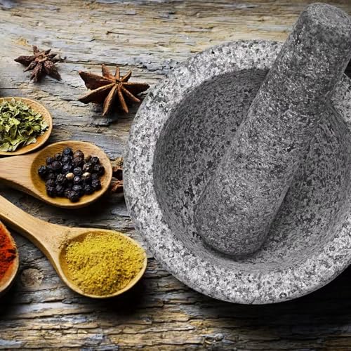 7” Heavy Granite 4 Cup Mortar & Pestle Natural Stone Molcajete Bowl and Grinder Set for Spices, Herbs, Seasonings, Pastes, Pesto and Guacamole. Release Your Favorite Flavors!Great Gift! - Image 6