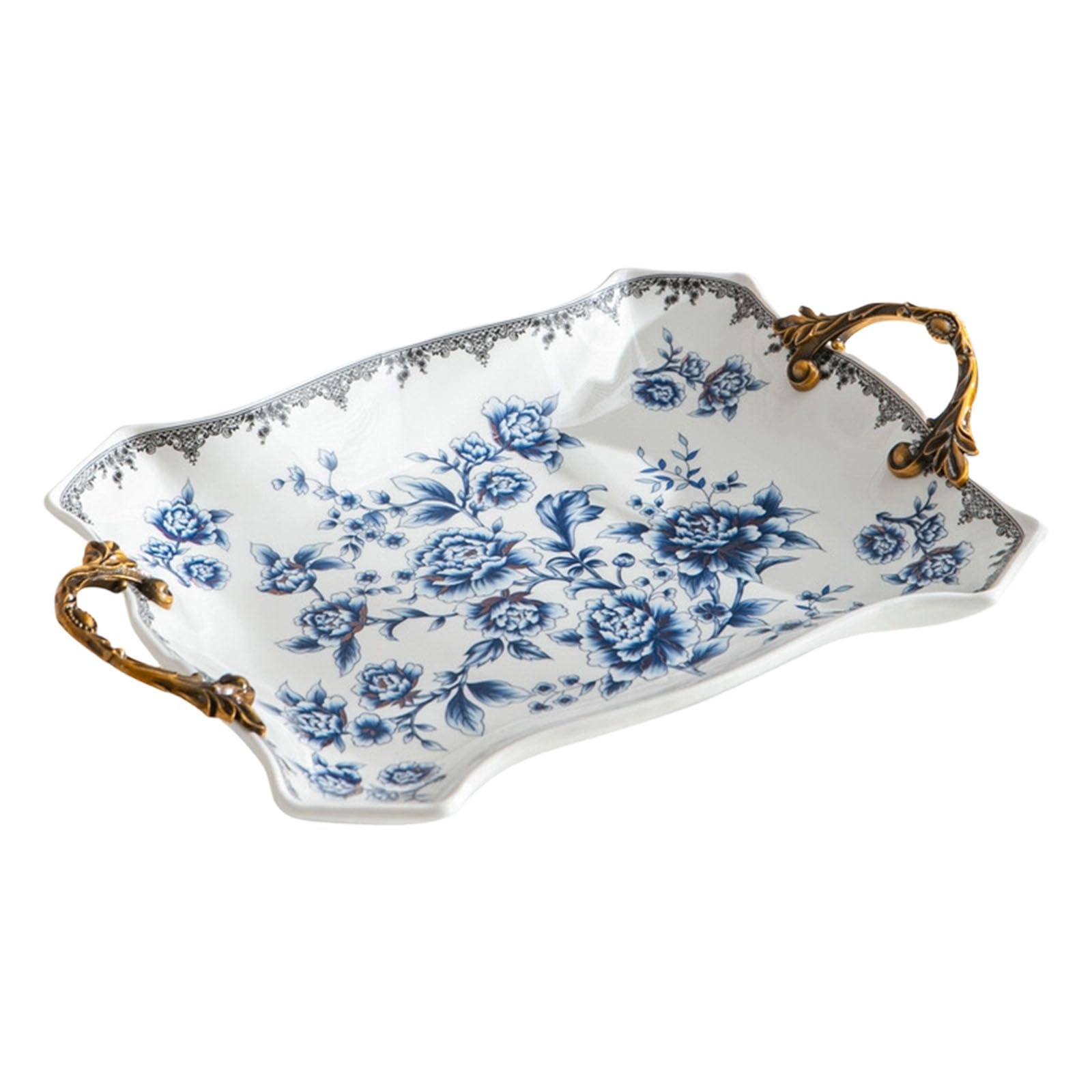 Qisuw Delicate Chinese Styles Ceramic Tray with 6.50Cm Depth Traditional Double Handle Dishes for Fruits and Snacks Storage Elegant Party Tray