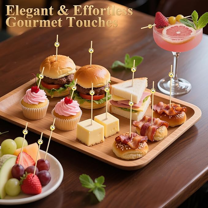 Image of [Pack of 100 pcs, 5 inch] Bamboo Golden Pearl Fancy Toothpick Sticks | Eco-Friendly Decorative Cocktail Garnishes, Fruit & Appetizer Picks | Ideal for Parties & Weddings