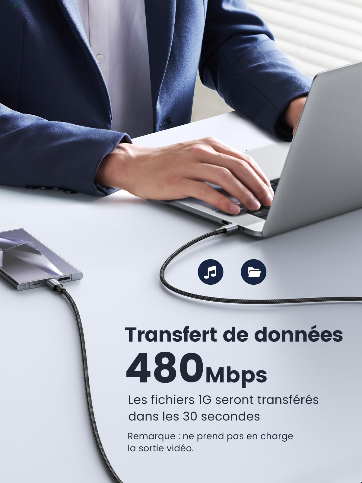 UGREEN Nexode 65W Chargeur Triple USB C GaNInfinity avec Lot de 2 Câble USB C vers USB C PD 100W