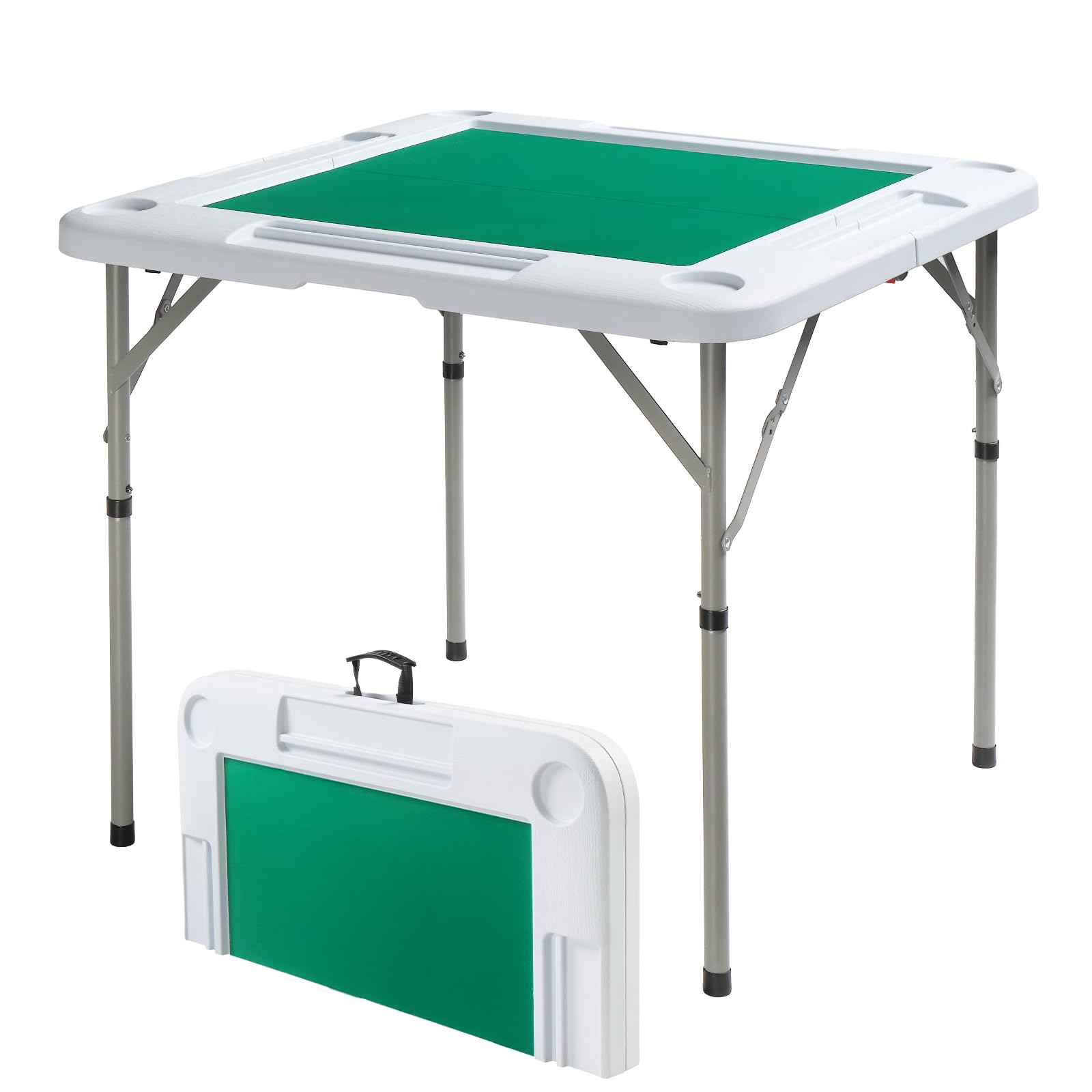 Bonnlo 34" Foldable Mahjong Table, 4 Player Square Card Table with Cup Holders and Chip Trays, Portable Poker Table for Blackjack, Texas Holdem, Board Game, Pre-Assembled (White)