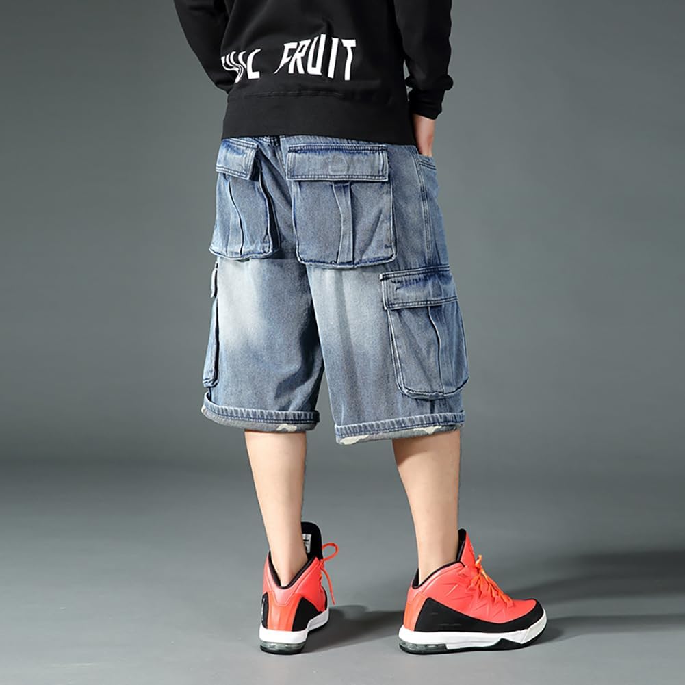 Baggy Jeans Shorts for Men Hip Hop Loose Fit Work 3/4 Jean Denim Shorts with Cargo Pockets Baggies Pants Men