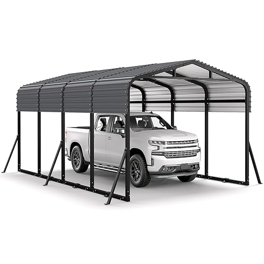 12x20FT Metal Carport, Heavy Duty Car Garage w/Reinforced Support Rods and Windproof Ground Anchors, All-Weather Multi-Use Outdoor Shelter for Car, Boats and Truck