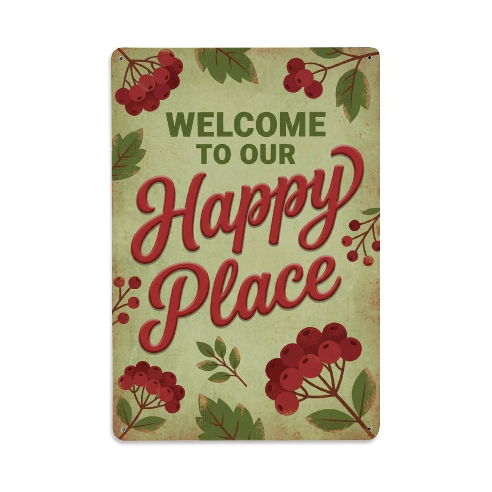 Okngb Style Trowel Tool Welcome Happy Place Floral Frame Texture Metal Tin Sign Plaque Wall Decor For Cafe, Man Cave, Club Bar, Office, Home Garden Round Metal Poster 8X12inch