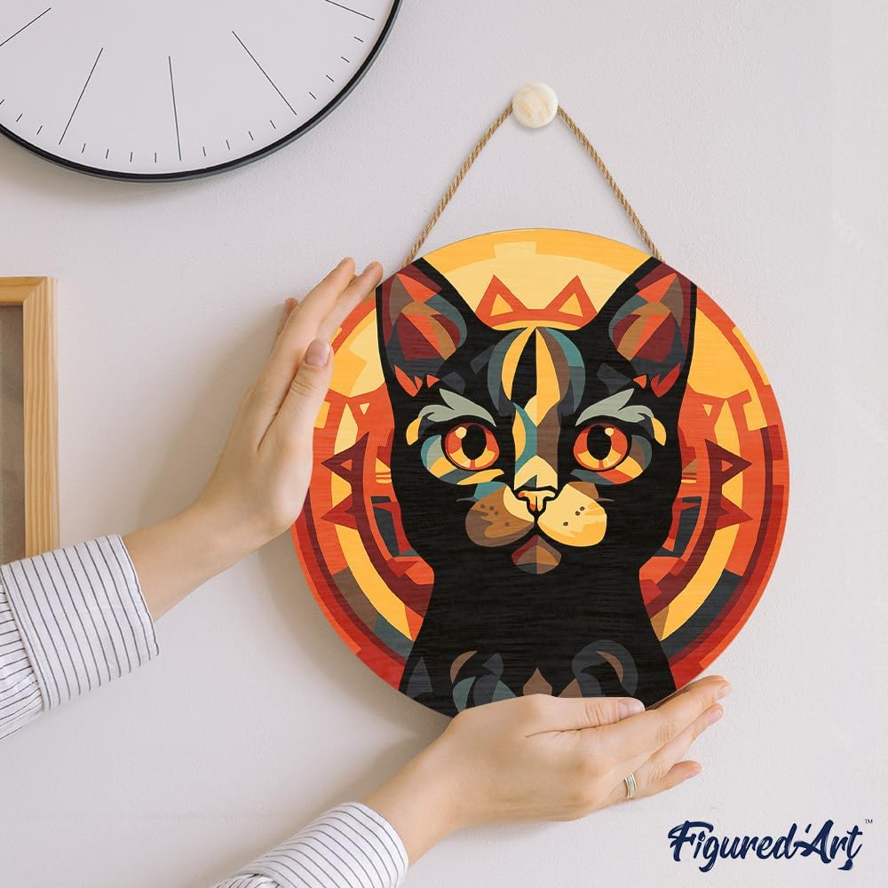 Figured'Art Paint by Numbers Kit for Adults on Wood Slice, 11.8in Diameter - Art Deco Black Cat - Craft Art Painting DIY Canvas