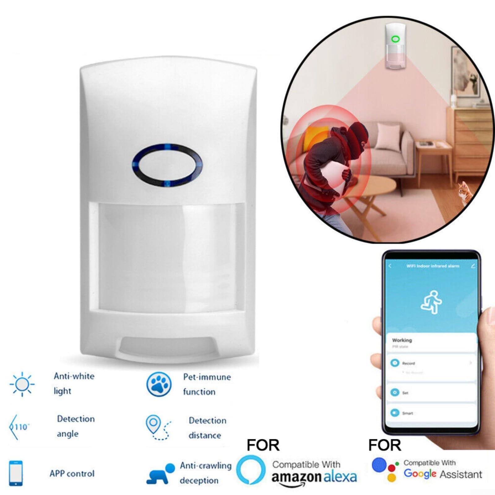 FUBESK Rilevatori intelligenti WiFi a infrarossi, sensore umano rilevatore di movimento, rilevamento ultra ampio, allarme accurato in qualsiasi condizione di illuminazione, compatibile con Tuya Smart