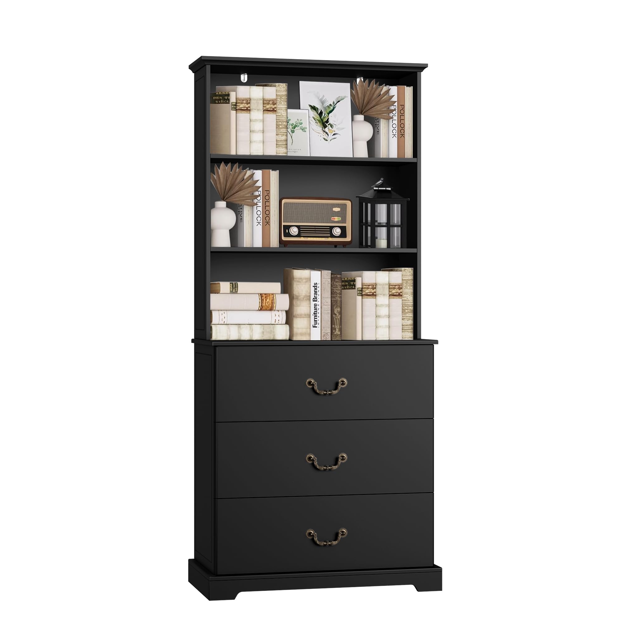 HIFIT 71" H Black Bookshelf with Drawers, 31.5" Wide Bookshelves and Bookcases with 3 Extra Large Drawers & 3 Open Deep Shelves, Vintage Tall Storage Cabinet for Home Office, Living Room